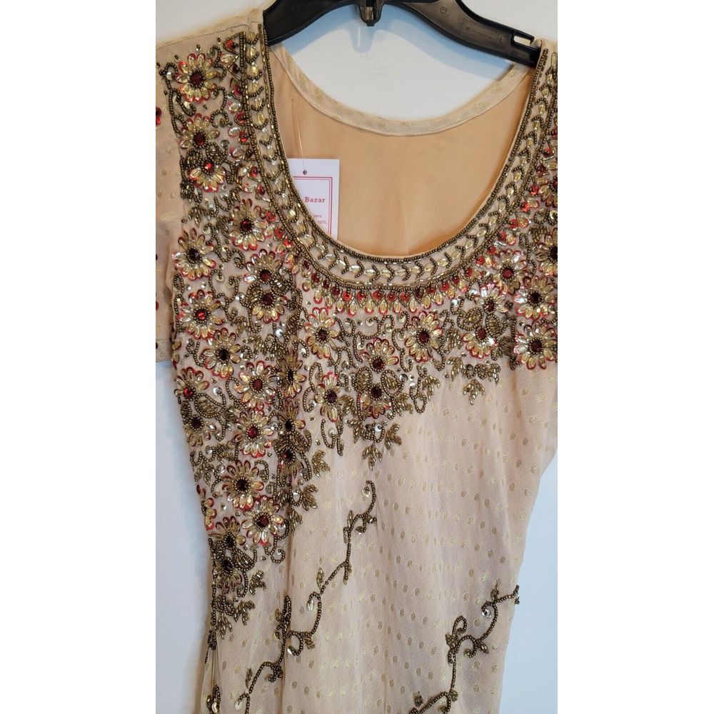Indian Anarkali‎ Pakistani Midi Dress Red Gold Beige Beaded Sequin Layered New